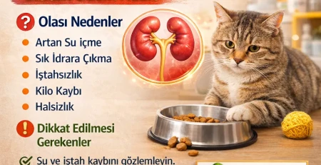 Kedilerde böbrek hastalığı belirtilerini anlatan veteriner bilgilendirme görseli