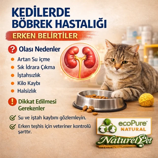 Kedilerde böbrek hastalığı belirtilerini anlatan veteriner bilgilendirme görseli