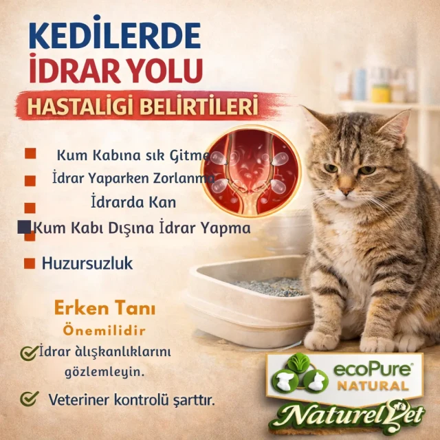 Kedilerde idrar yolu hastalığı belirtilerini anlatan veteriner bilgilendirme görseli (1)