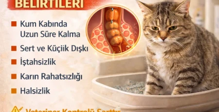 Kedilerde kabızlık belirtilerini ve çözüm yollarını anlatan bilgilendirici veteriner görseli
