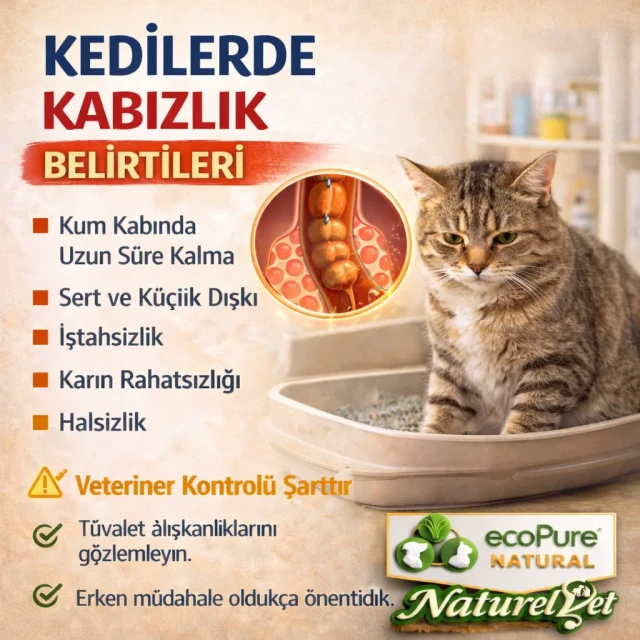 Kedilerde kabızlık belirtilerini ve çözüm yollarını anlatan bilgilendirici veteriner görseli