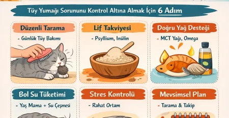 Kedilerde tüy yumağı oluşumu ve önleme yöntemlerini anlatan bilgilendirici görsel