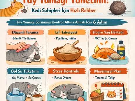 Kedilerde tüy yumağı oluşumu ve önleme yöntemlerini anlatan bilgilendirici görsel