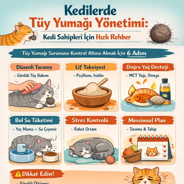Kedilerde tüy yumağı oluşumu ve önleme yöntemlerini anlatan bilgilendirici görsel